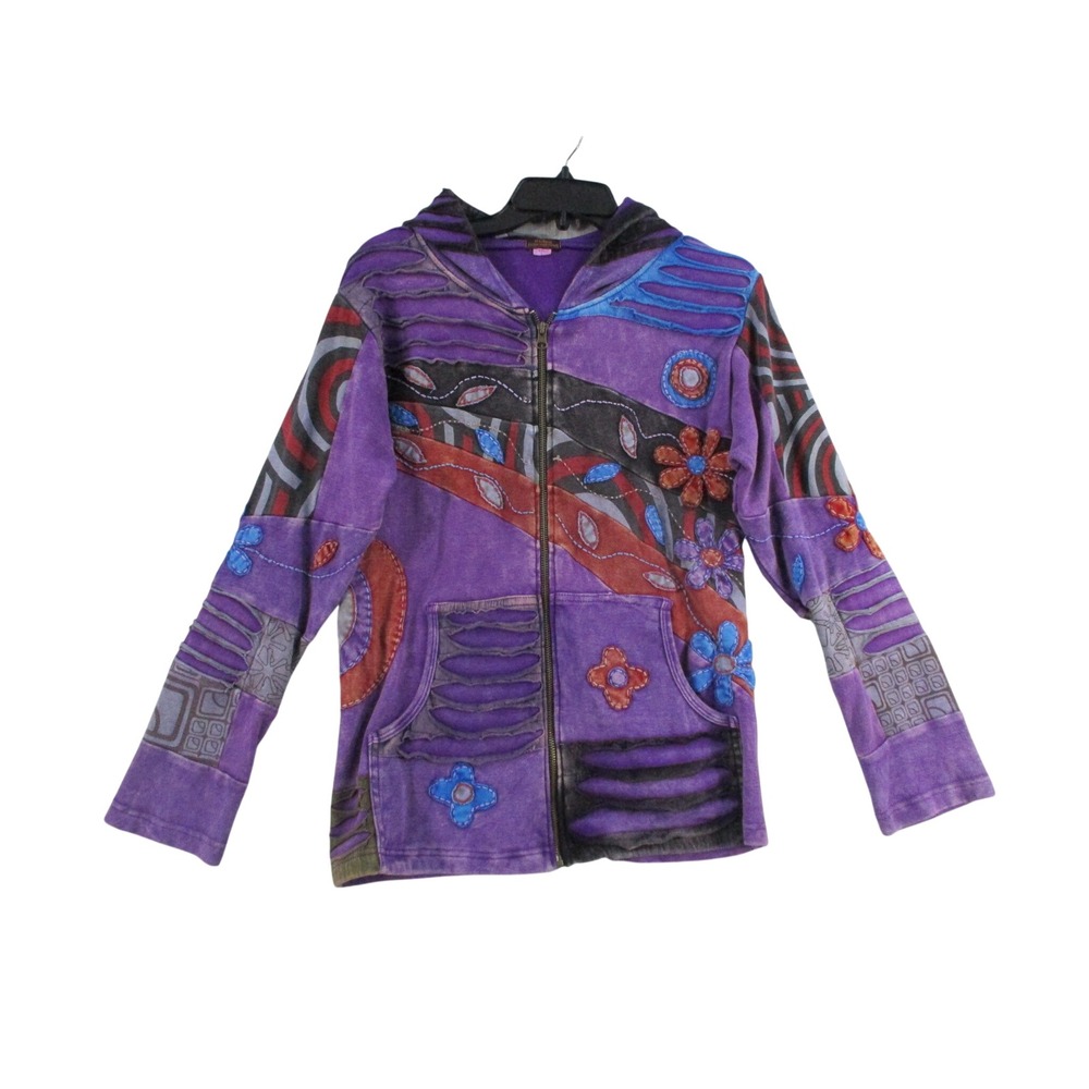 Rising International Purple Patchwork Boho Floral Razor Cut Zip Hoodie Large